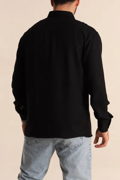Siyah Regular Fit Uzun Kollu Keten Erkek Gömlek 275550