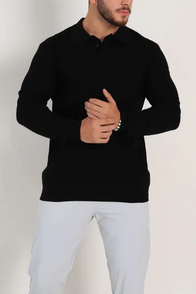 Siyah Regular Fit Uzun Kollu Polo Yaka Triko 300911