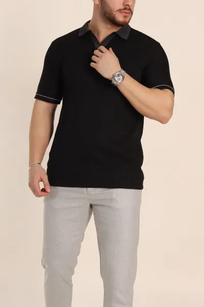 Siyah Regular Fit V Patlı Polo Yaka Erkek Tişört 349805