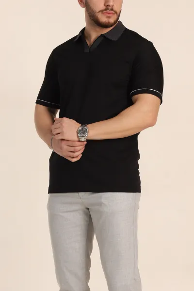 Siyah Regular Fit V Patlı Polo Yaka Erkek Tişört 349805