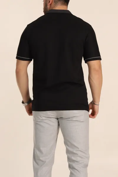 Siyah Regular Fit V Patlı Polo Yaka Erkek Tişört 349805