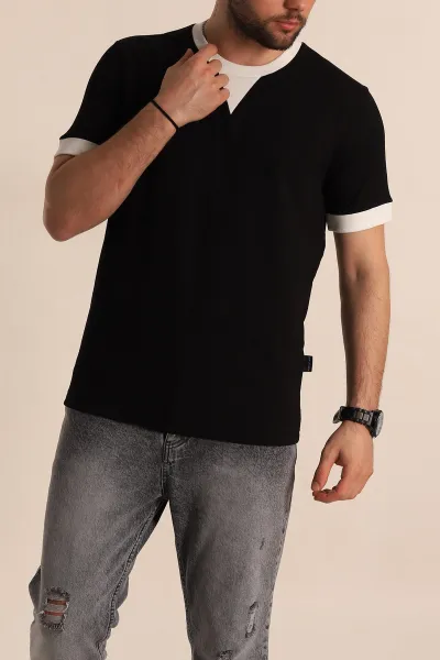 Siyah Regular Fit Yaka Detaylı Erkek Tişört 268637