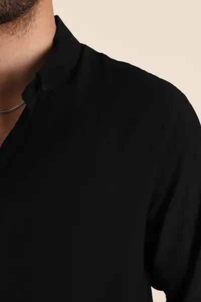 Siyah Relaxed Fit Ata Yaka Uzun Kollu Erkek Gömlek 369596