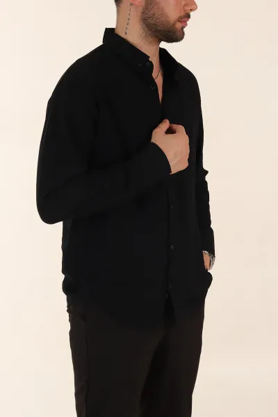 Siyah Relaxed Fit Ata Yaka Uzun Kollu Erkek Gömlek 369596