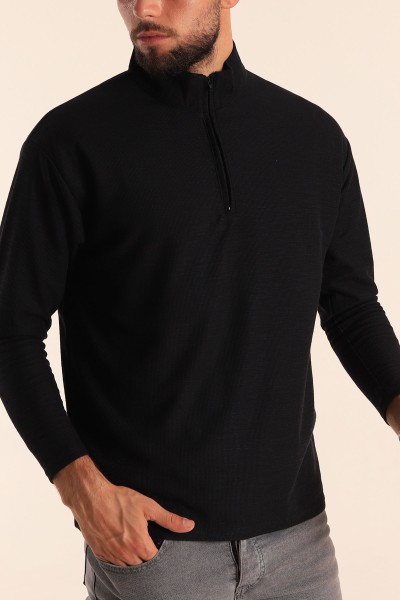 Siyah Relaxed Fit Balıkçı Yaka Fermuarlı Erkek Sweat 201317
