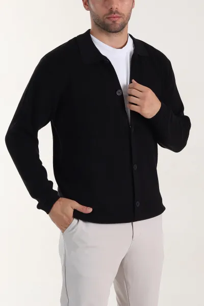 Siyah Relaxed Fit Bambu Erkek Triko Hırka 400155
