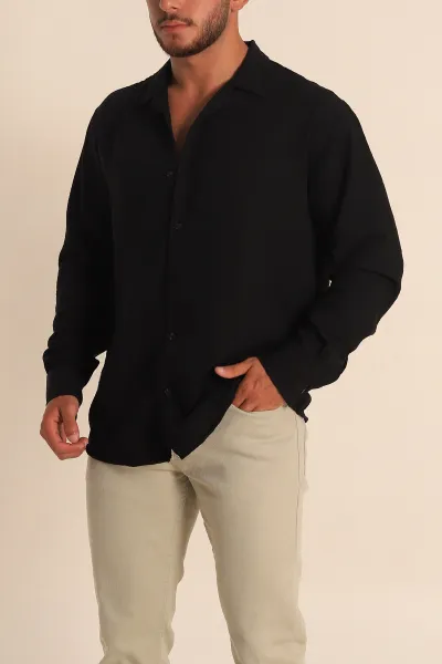 siyah-relaxed-fit-bambu-keten-apas-yaka-erkek-gomlek-285485