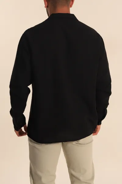 Siyah Relaxed Fit Bambu Keten Apaş Yaka Erkek Gömlek 285485