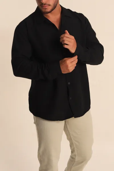 Siyah Relaxed Fit Bambu Keten Apaş Yaka Erkek Gömlek 285485