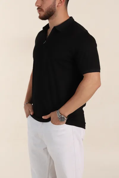 Siyah Relaxed Fit Basic Fermuarlı Polo Yaka Erkek Tişört 359130