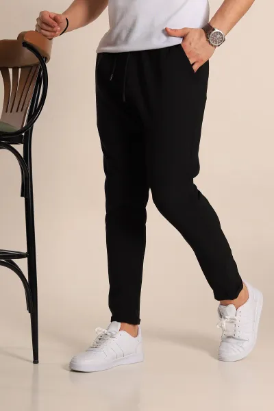 Siyah Relaxed Fit Bel Bağlamalı Duble Paça Erkek Jogger Pantolon 257467