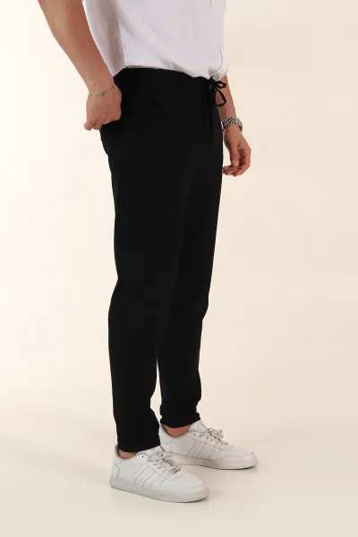 Siyah Relaxed Fit Bel Bağlamalı Duble Paça Erkek Kumaş Pantolon 368383