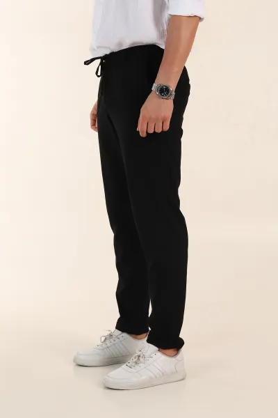 Siyah Relaxed Fit Bel Bağlamalı Duble Paça Erkek Kumaş Pantolon 368383