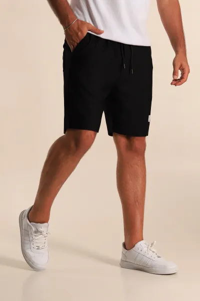 Siyah Relaxed Fit Belden Bağlamalı Fitilli Erkek Şort 281640
