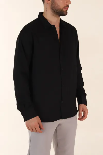 Siyah Relaxed Fit Bürümcük Dokulu Uzun Kollu Erkek Gömlek 369318