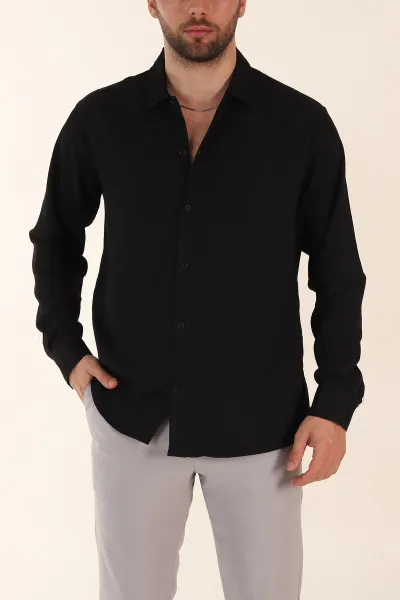 siyah-relaxed-fit-burumcuk-dokulu-uzun-kollu-erkek-gomlek-369318