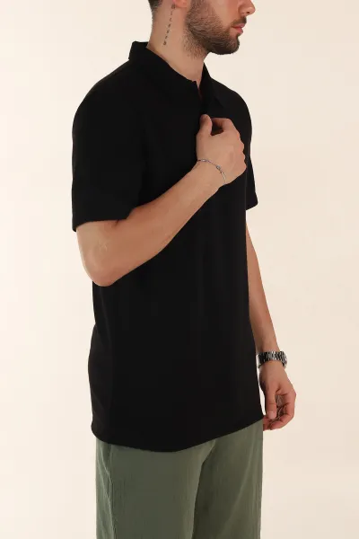 Siyah Relaxed Fit Çelik Örme Polo Yaka Erkek Tişört 368874