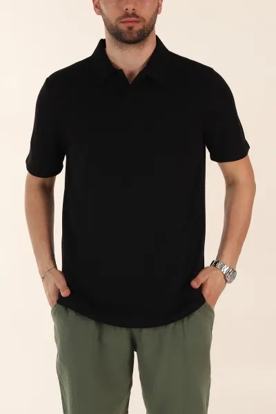 Siyah Relaxed Fit Çelik Örme Polo Yaka Erkek Tişört 368874