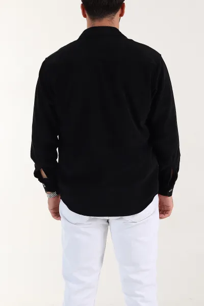 Siyah Relaxed Fit Cep Detaylı Kalın Fitilli Kadife Erkek Gömlek 397929