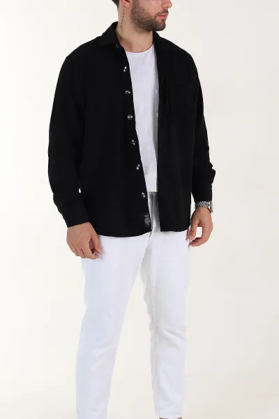 Siyah Relaxed Fit Cep Detaylı Kalın Fitilli Kadife Erkek Gömlek 397929
