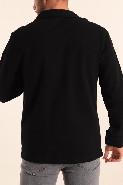 Siyah Relaxed Fit Çift Cepli Çıt Çıt Düğmeli Uzun Kollu Erkek Gömlek 201330