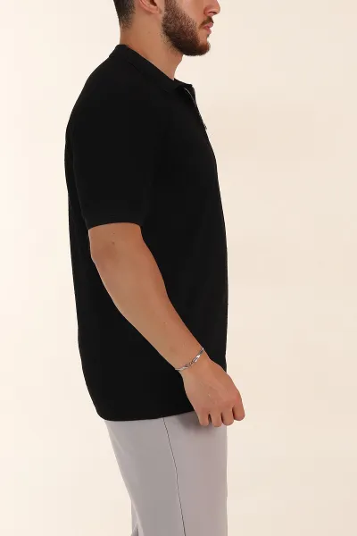 Siyah Relaxed Fit Çizgi Detaylı Fermuarlı Polo Yaka Erkek Tişört 370327