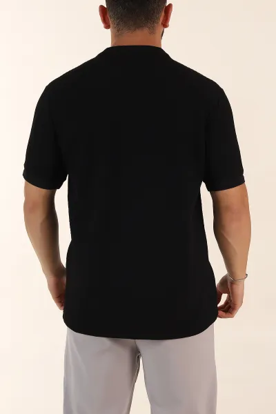 Siyah Relaxed Fit Çizgi Detaylı Fermuarlı Polo Yaka Erkek Tişört 370327