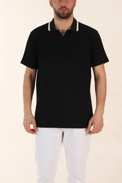 Siyah Relaxed Fit Çizgi Detaylı Polo Yaka Erkek Tişört 370319