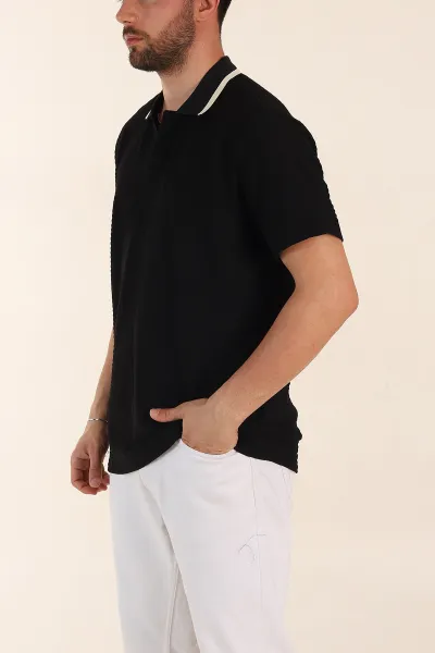 Siyah Relaxed Fit Çizgi Detaylı Polo Yaka Erkek Tişört 370319