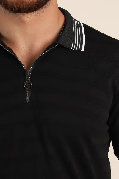 Siyah Relaxed Fit Çizgi Dokulu Fermuarlı Polo Yaka Basic Erkek Tİşört 370231
