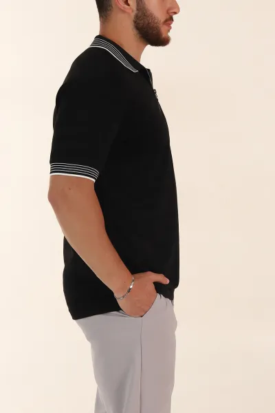 Siyah Relaxed Fit Çizgi Dokulu Fermuarlı Polo Yaka Basic Erkek Tİşört 370231