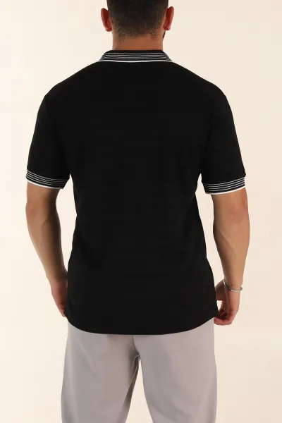 Siyah Relaxed Fit Çizgi Dokulu Fermuarlı Polo Yaka Basic Erkek Tİşört 370231
