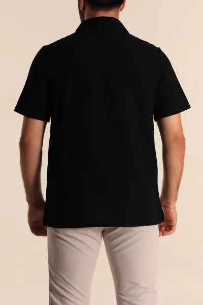 Siyah Relaxed Fit Çizgi Dokulu Fermuarlı Polo Yaka Erkek Tişört 278928