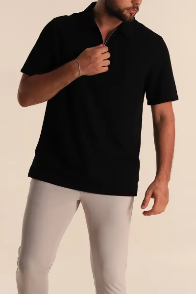 Siyah Relaxed Fit Çizgi Dokulu Fermuarlı Polo Yaka Erkek Tişört 278928