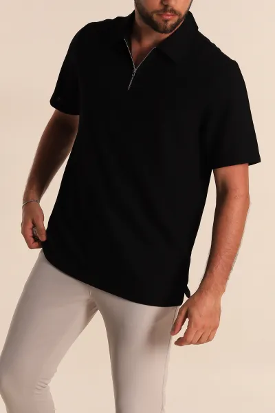Siyah Relaxed Fit Çizgi Dokulu Fermuarlı Polo Yaka Erkek Tişört 278928