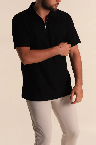 Siyah Relaxed Fit Çizgi Dokulu Fermuarlı Polo Yaka Erkek Tişört 278928