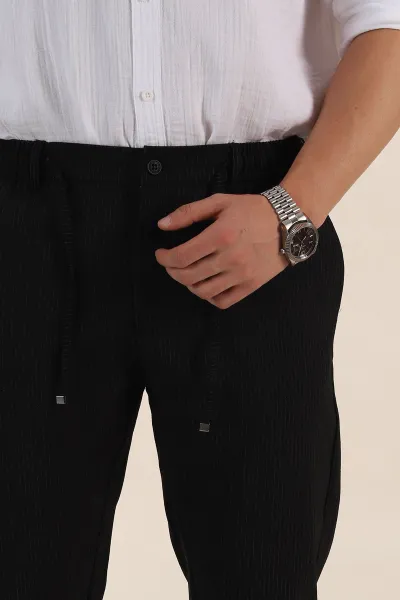 Siyah Relaxed Fit Çizgili Bel Arkası Lastikli Erkek Pantolon 362592