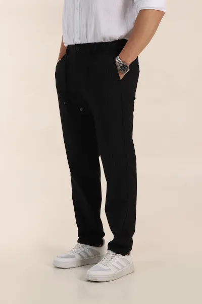Siyah Relaxed Fit Çizgili Bel Arkası Lastikli Erkek Pantolon 362592
