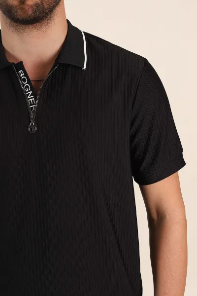 Siyah Relaxed Fit Çizgili Fermuarlı Polo Yaka Erkek Tişört 370337
