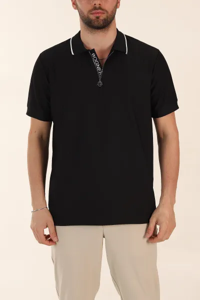 Siyah Relaxed Fit Çizgili Fermuarlı Polo Yaka Erkek Tişört 370337
