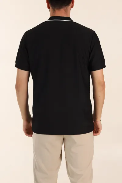 Siyah Relaxed Fit Çizgili Fermuarlı Polo Yaka Erkek Tişört 370337