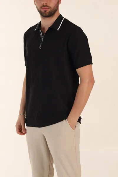 Siyah Relaxed Fit Çizgili Fermuarlı Polo Yaka Erkek Tişört 370337