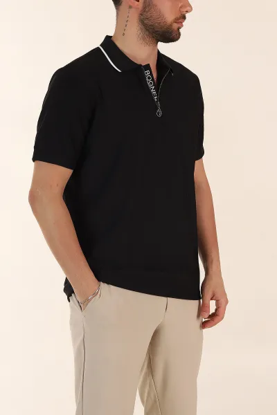 Siyah Relaxed Fit Çizgili Fermuarlı Polo Yaka Erkek Tişört 370337
