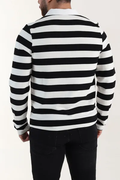 Siyah Relaxed Fit Çizgili Jakarlı Kumaş Erkek Triko Sweatshirt 399589