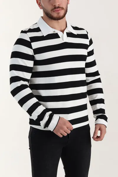 Siyah Relaxed Fit Çizgili Jakarlı Kumaş Erkek Triko Sweatshirt 399589