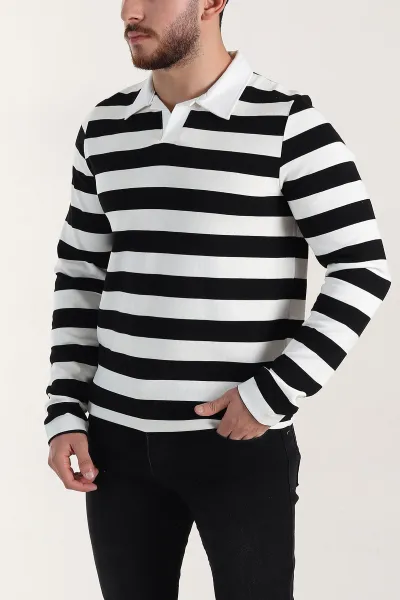 Siyah Relaxed Fit Çizgili Jakarlı Kumaş Erkek Triko Sweatshirt 399589