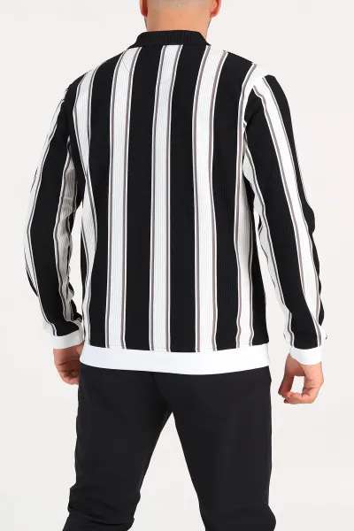 Siyah Relaxed Fit Çizgili Polo Yaka Uzun Kollu Erkek Sweatshirt 300886