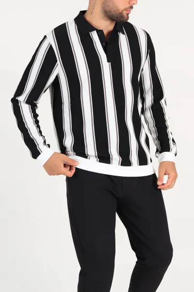 Siyah Relaxed Fit Çizgili Polo Yaka Uzun Kollu Erkek Sweatshirt 300886