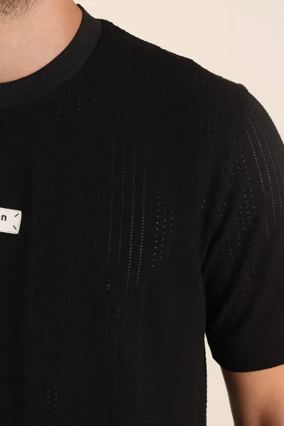 Siyah Relaxed Fit Delikli Tasarım Yazı Detay Erkek Tişört 373075
