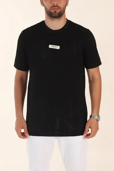 Siyah Relaxed Fit Delikli Tasarım Yazı Detay Erkek Tişört 373075